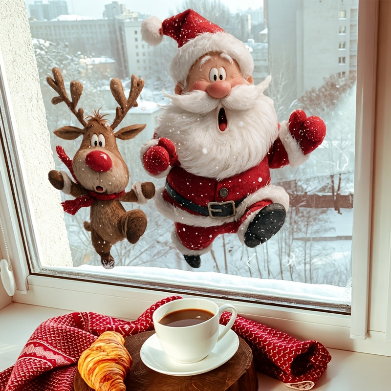 🎅 3D Christmas Window Clings – Double-Sided Santa & Reindeer Static Window Decorations 🦌