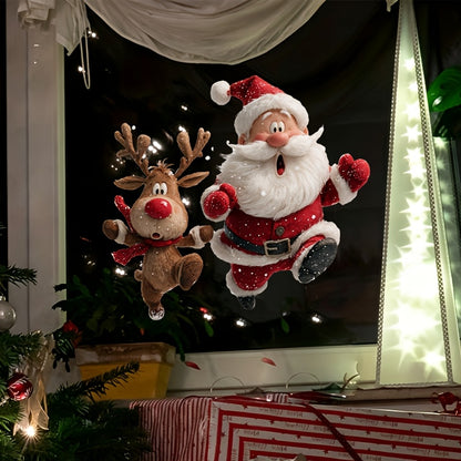 🎅 3D Christmas Window Clings – Double-Sided Santa & Reindeer Static Window Decorations 🦌