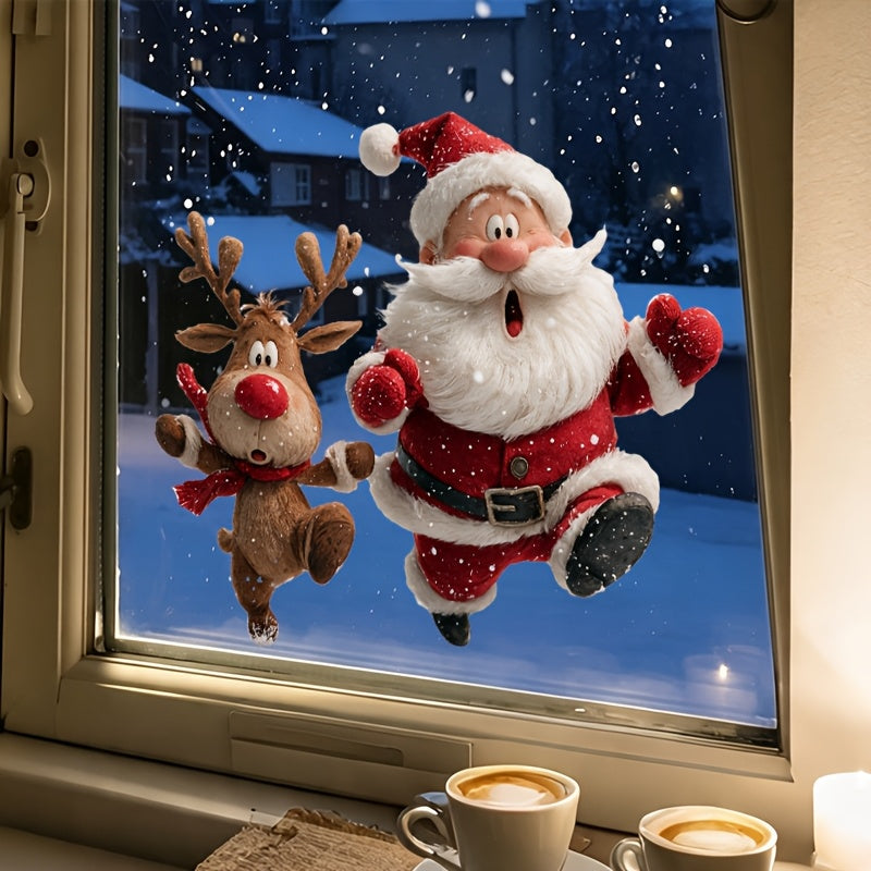 🎅 3D Christmas Window Clings – Double-Sided Santa & Reindeer Static Window Decorations 🦌