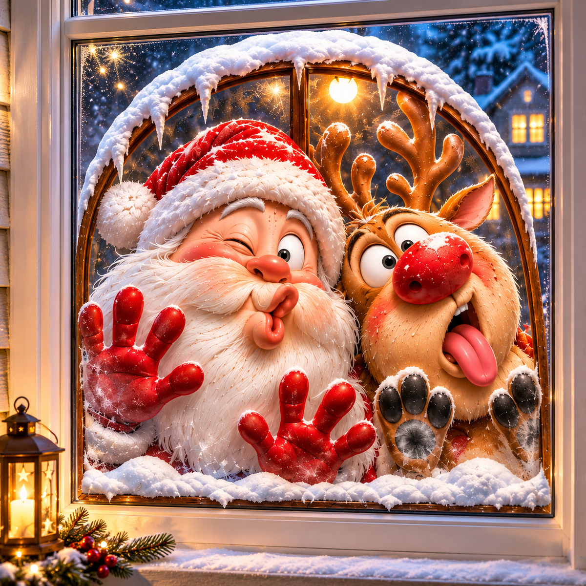 🎅 3D Christmas Window Clings – Double-Sided Santa & Reindeer Static Window Decorations 🦌