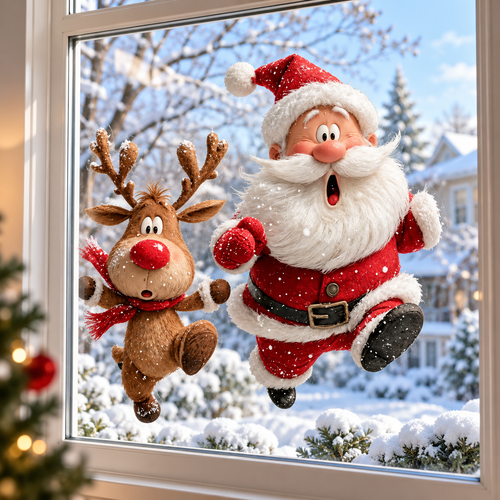 🎅 3D Christmas Window Clings – Double-Sided Santa & Reindeer Static Window Decorations 🦌