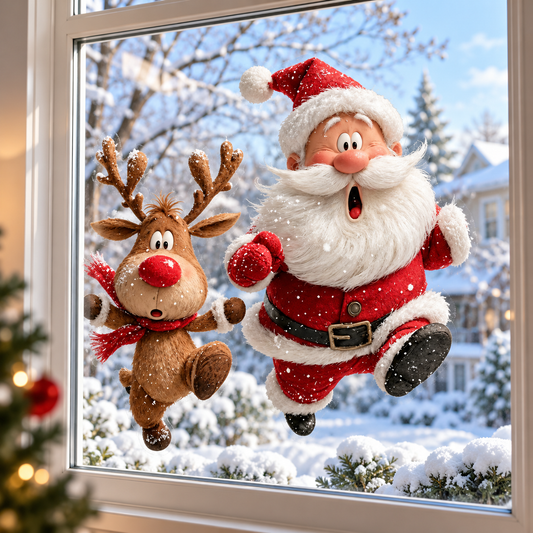 🎅 3D Christmas Window Clings – Double-Sided Santa & Reindeer Static Window Decorations 🦌