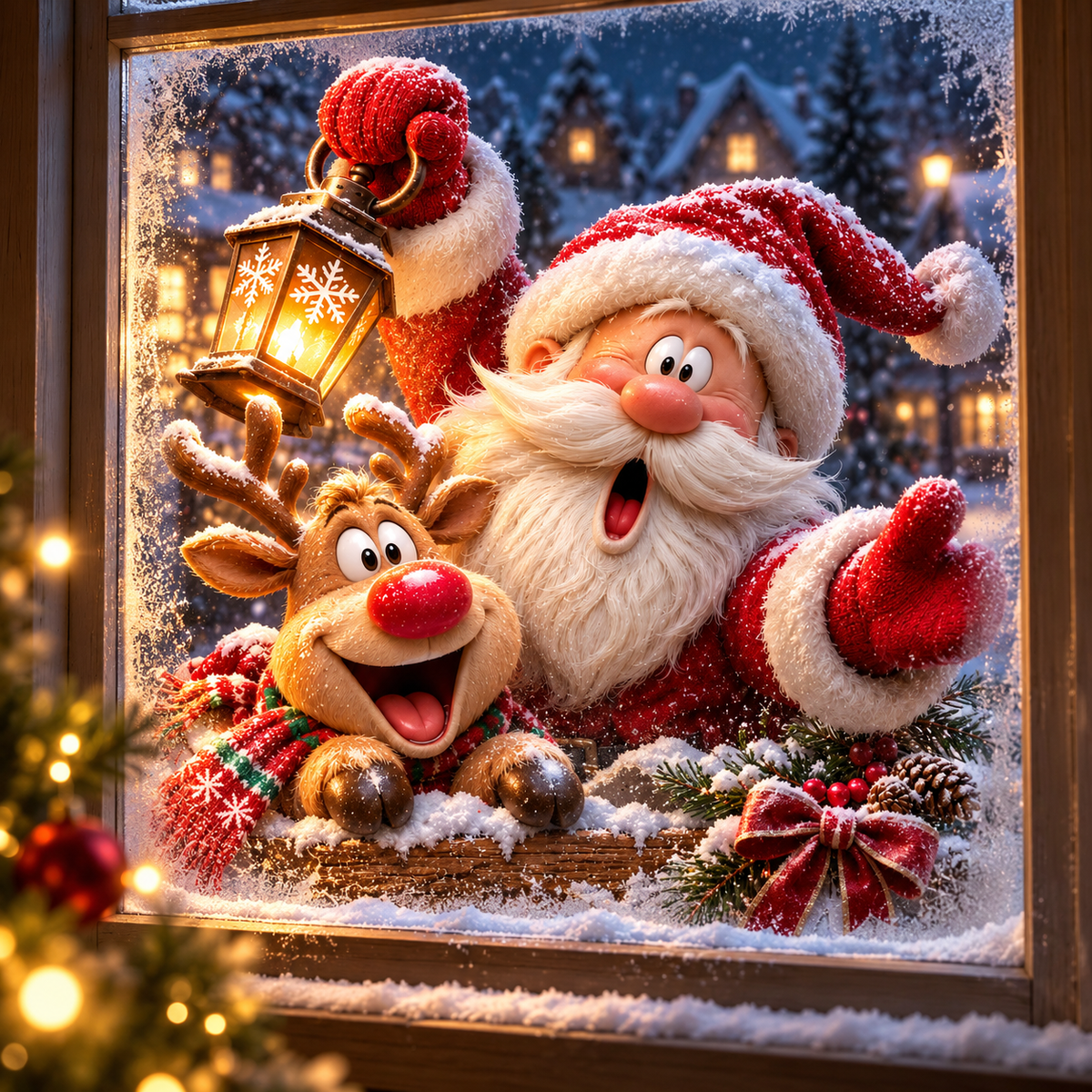 🎅 3D Christmas Window Clings – Double-Sided Santa & Reindeer Static Window Decorations 🦌