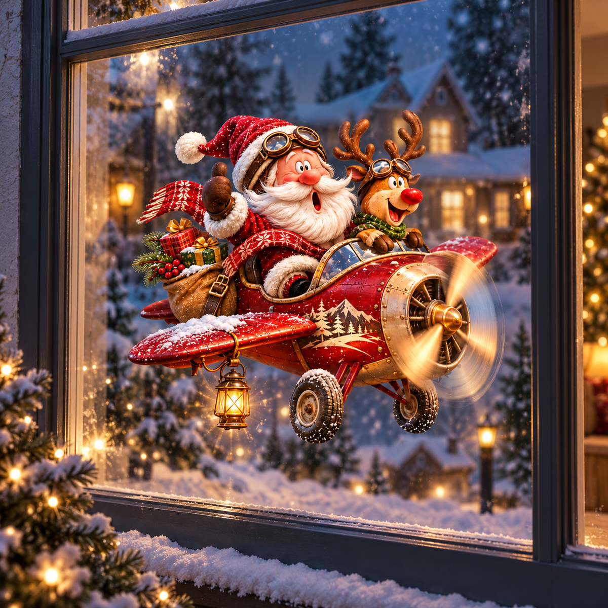 🎅 3D Christmas Window Clings – Double-Sided Santa & Reindeer Static Window Decorations 🦌