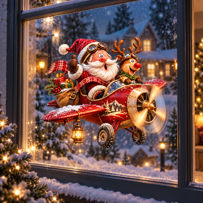 🎅 3D Christmas Window Clings – Double-Sided Santa & Reindeer Static Window Decorations 🦌