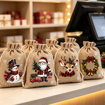 🎄 Christmas Drawstring Gift Bags – Santa & Reindeer Design, Reusable Fabric Gift Wrapping Bags